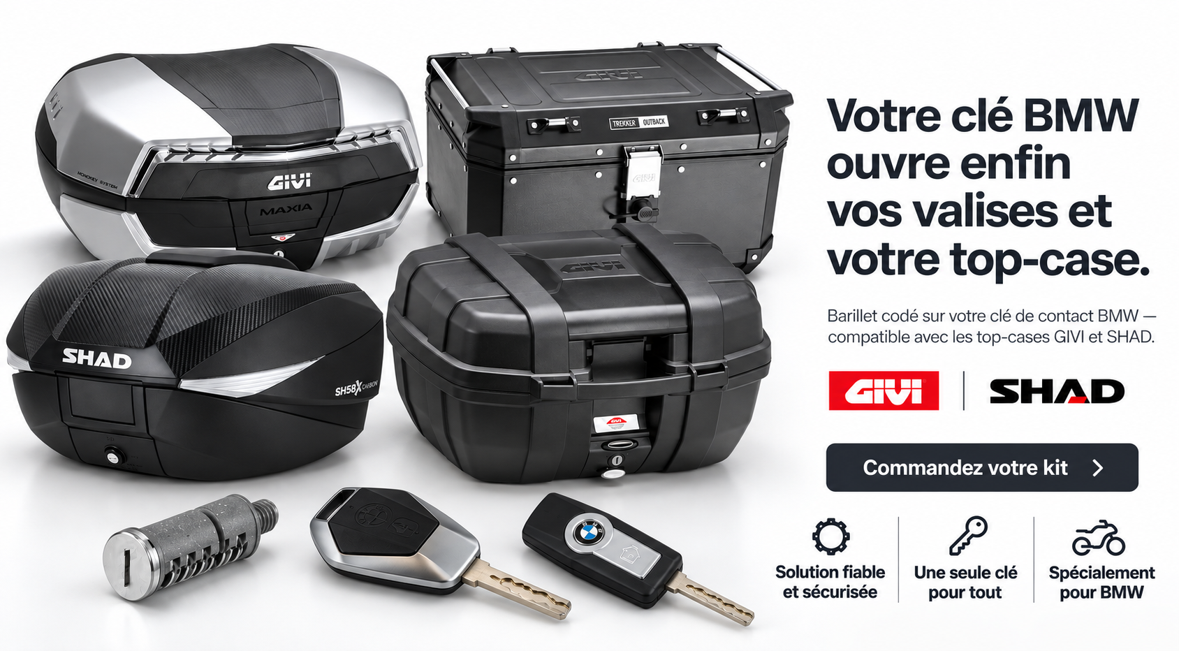 Permet d’utiliser la clé de contact de la moto BMW pour ouvrir, fermer et démonter les valises GIVI OU SHAD